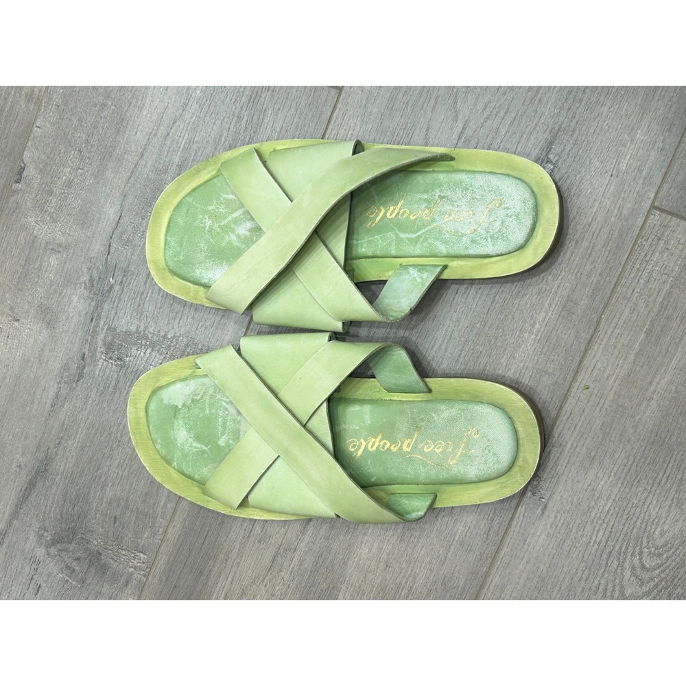 Free People Del Mar Sandals Womens 7 Green Leather Slide Strappy Boho Summer - Picture 6 of 9